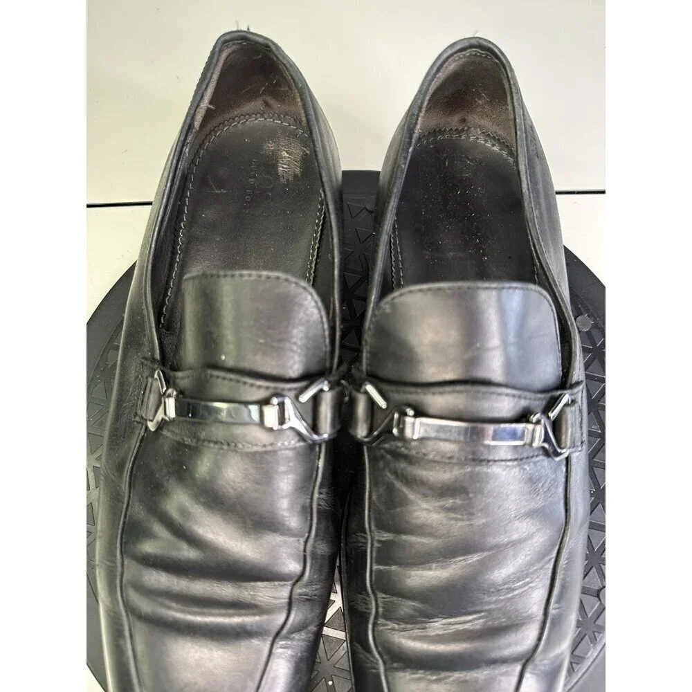HUGO BOSS Men Size 8 Vero Cuoio Black Leather Horsebit Slip On Loafers Shoes